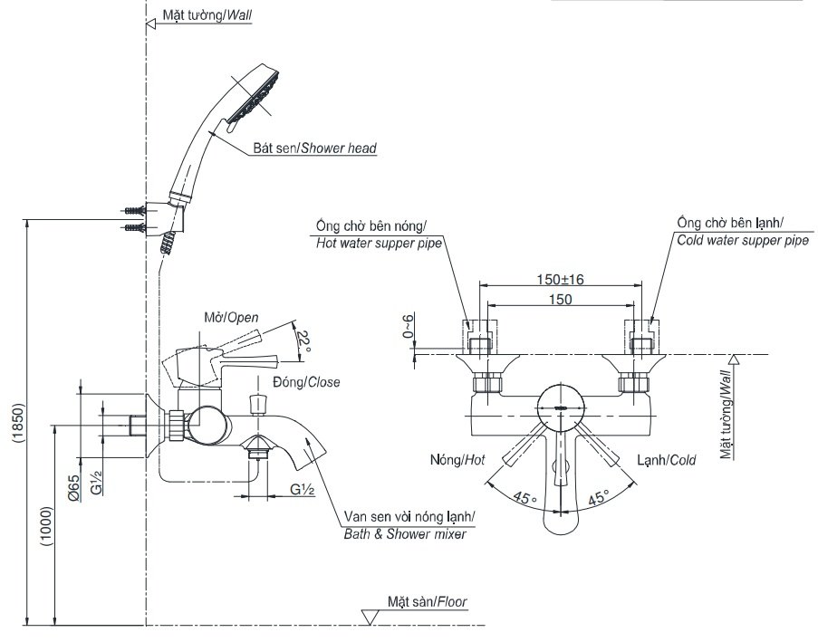 Bản vẽ sen tắm TOTO TBS02302V + TBW09000V nóng lạnh