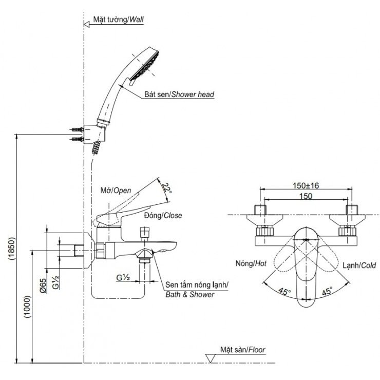 Bản vẽ kích thước vòi sen TOTO TBS04302VA