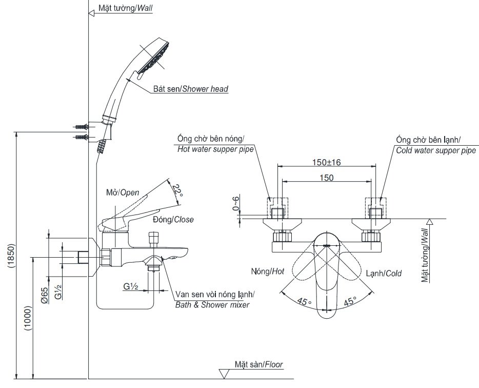 Bản vẽ kích thước vòi sen TOTO TBS04302V