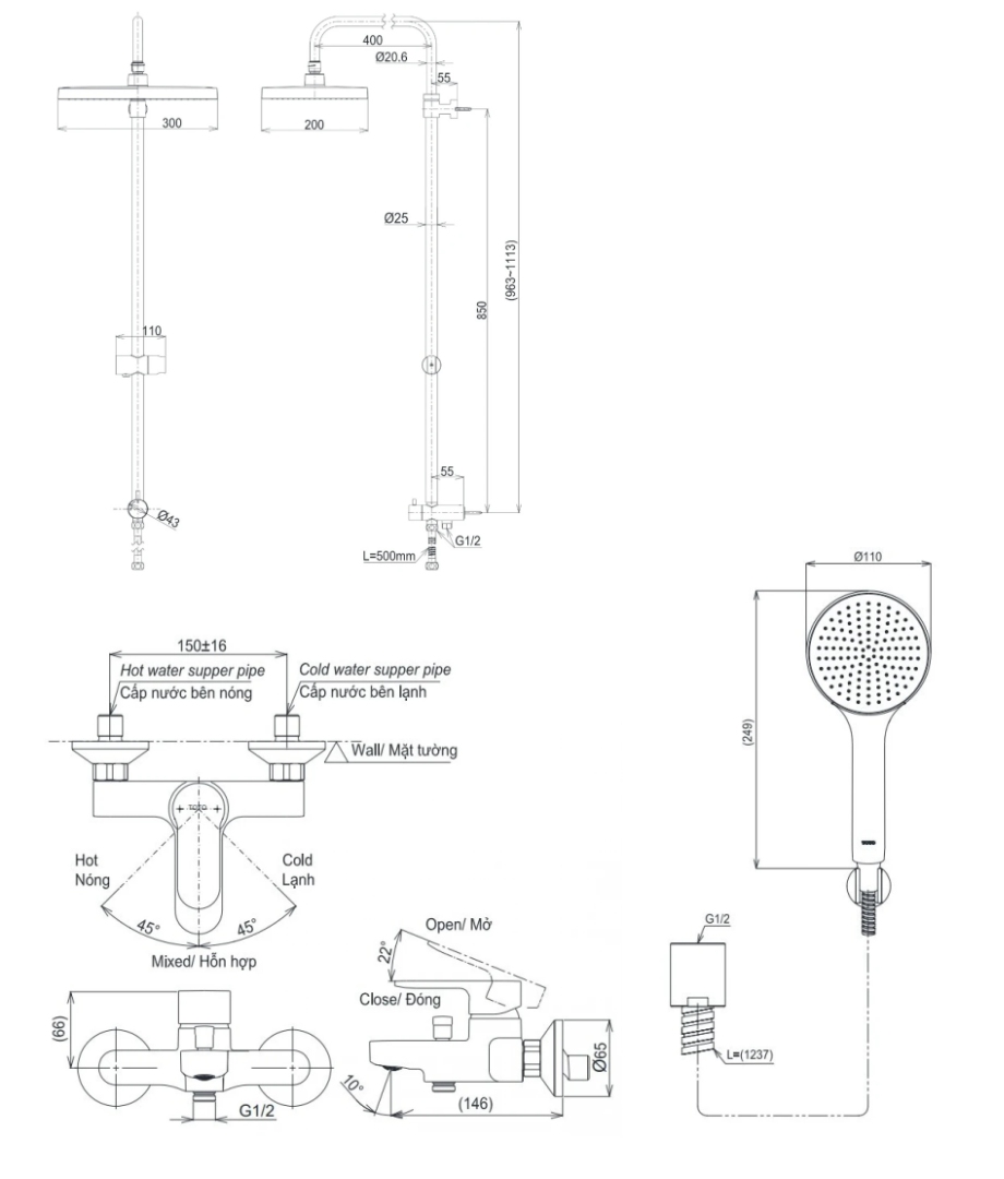 Bản vẽ kích thước sen tắm TBS06302V TBW13040V TBW09010V