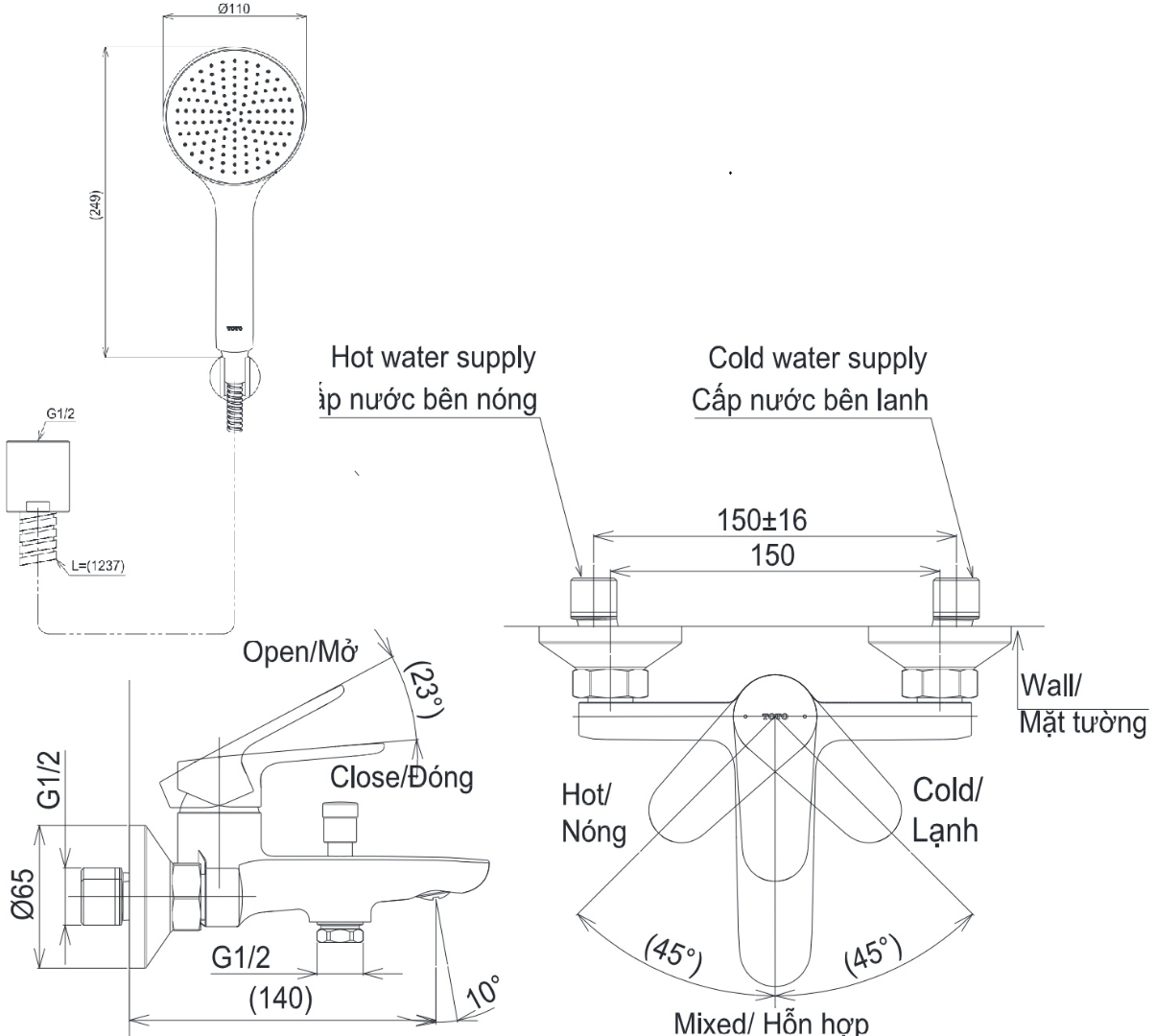Bản vẽ kích thước vòi sen tắm Toto TBS103B0V TBW09000V