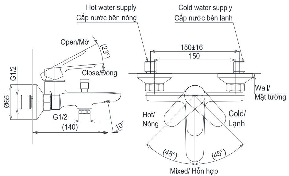 Bản vẽ kích thước sen tắm TOTO TBS103B0V New Standard