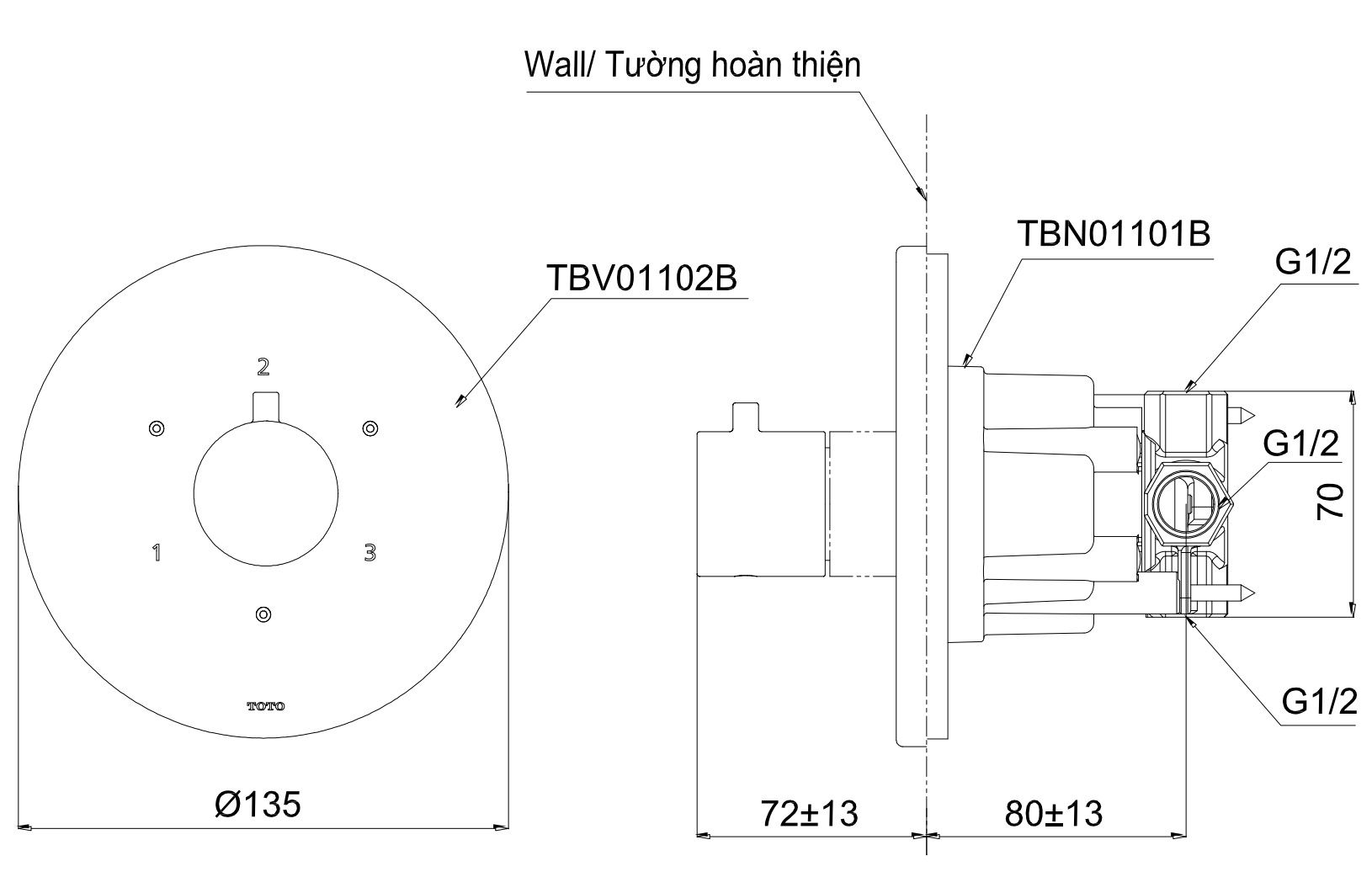 Bản vẽ van chuyển hướng TBV01102B/TBN01102B TOTO 3 đường nước