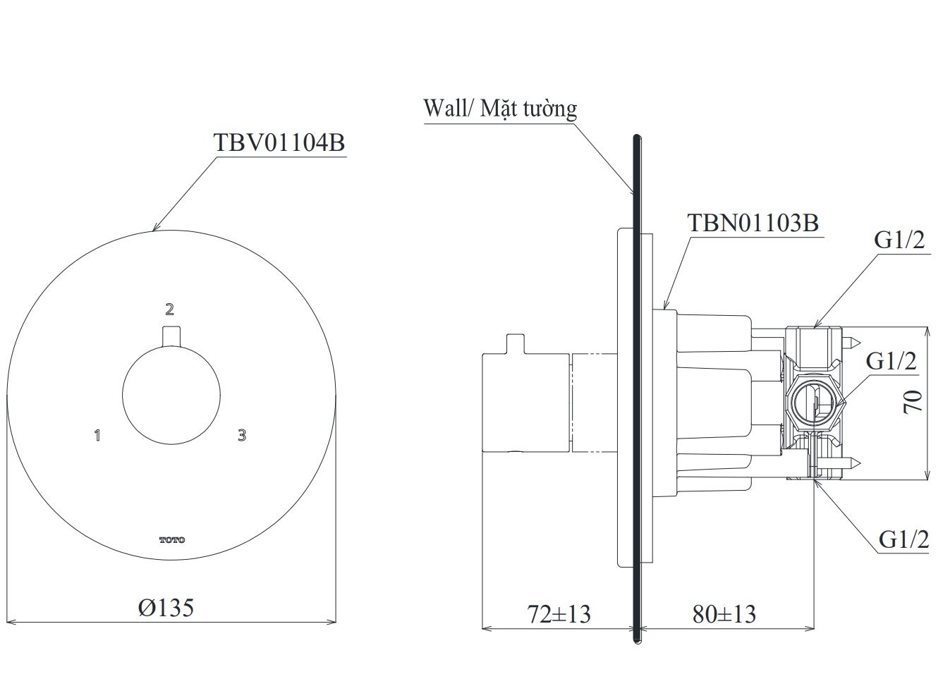 Bản vẽ van chuyển hướng TOTO TBV01104B TBN01103B