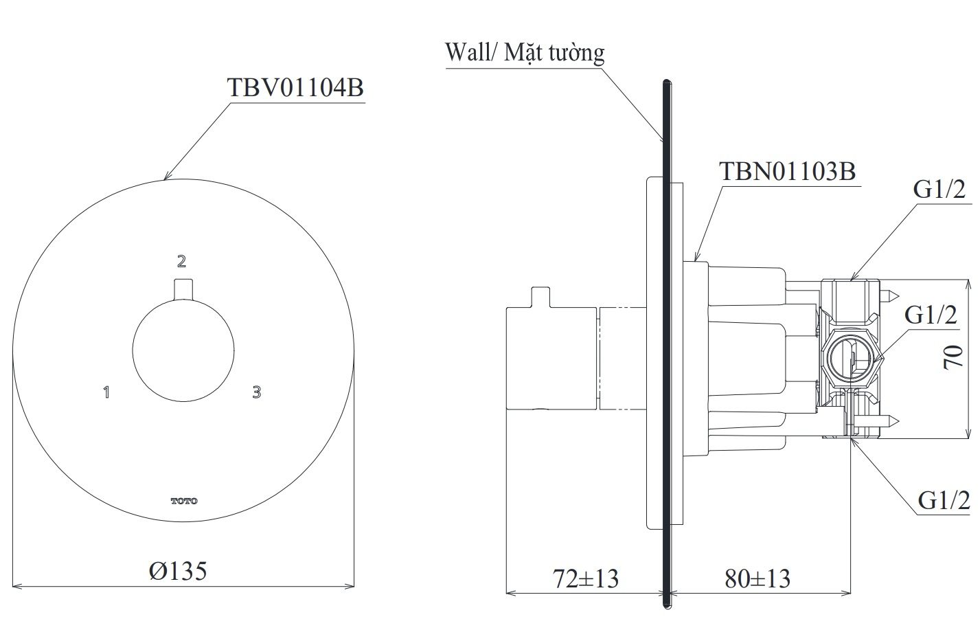 Bản vẽ van TOTO TBV01104BA MBL lắp âm tường