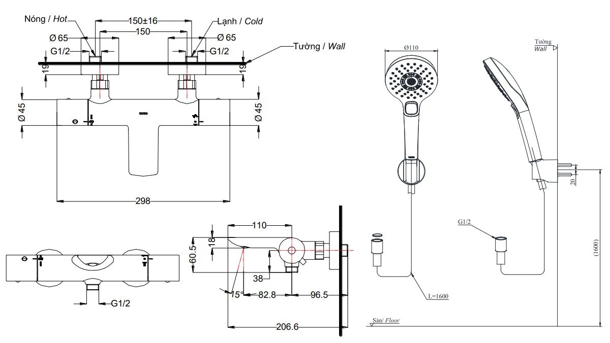 Bản vẽ kích thước sen tắm nhiệt độ TBV01402BA#MBL TBW01010A#MBL TOTO