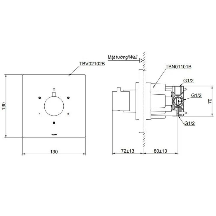 Bản vẽ van TBV 02102BA MBLTOTO chuyển hướng âm tường