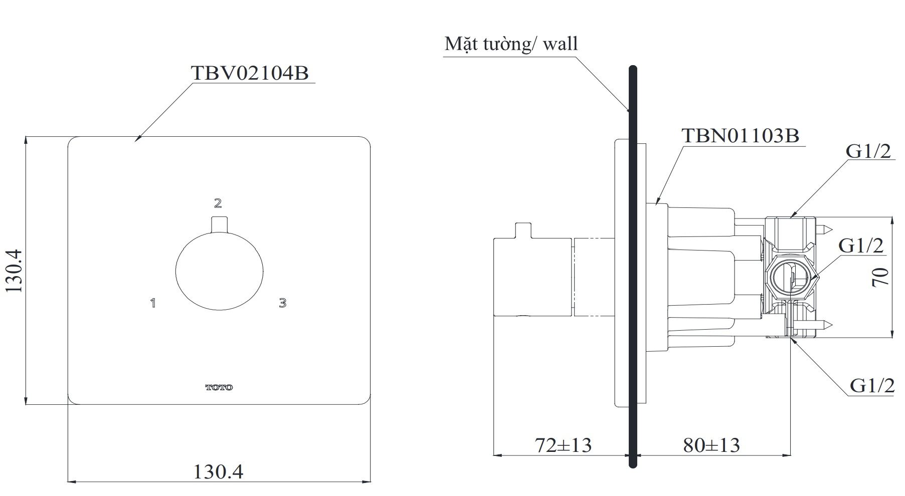 Bản vẽ van chuyển hướng 3 đường nước TOTO TBV02104B TBN01103B