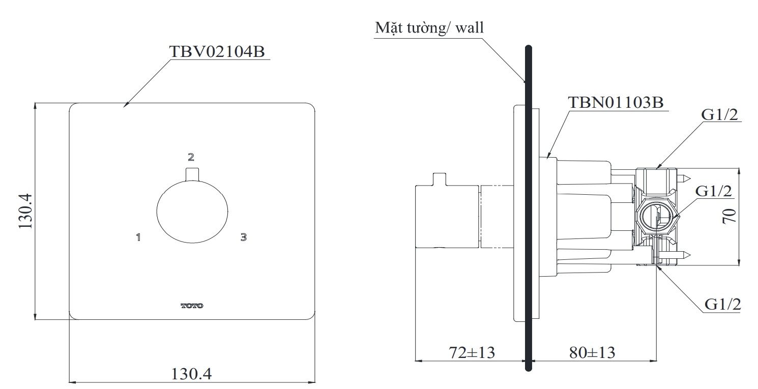 Bản vẽ van TOTO TBV 02104BA MBL chuyển hướng 3 đường nước