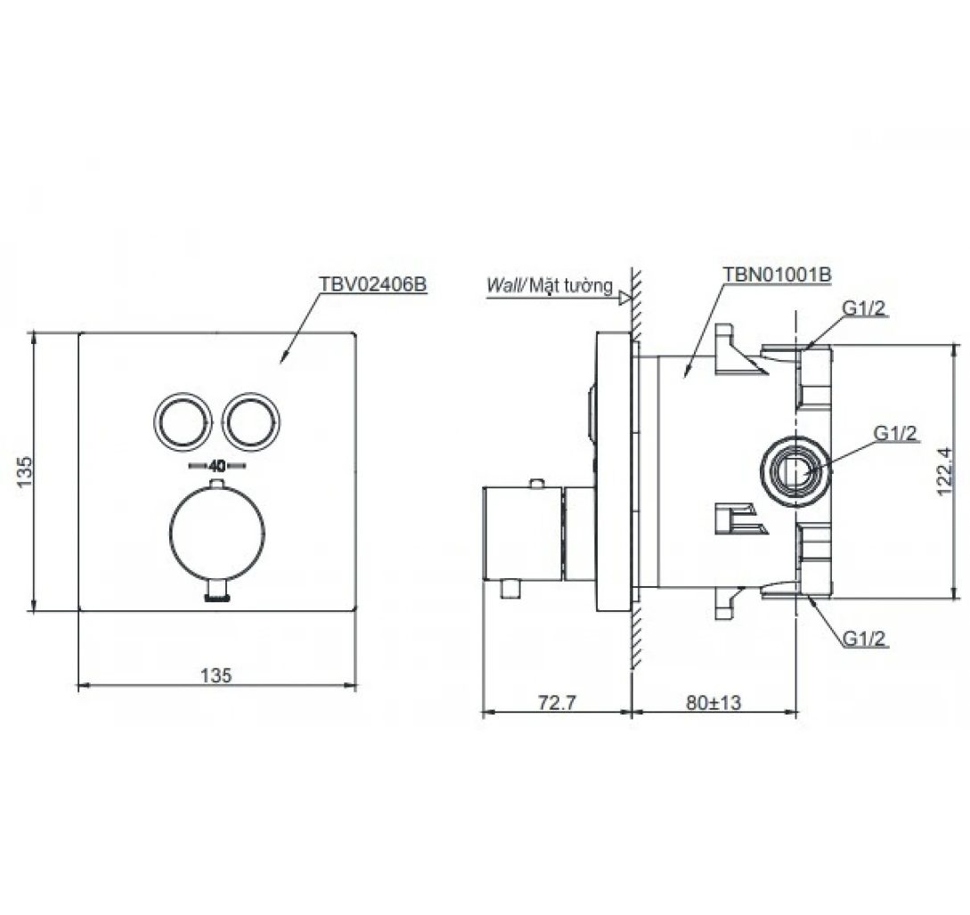 Bản vẽ van TOTO TBV02406BA-BFG TBN01001B nhiệt độ, chuyển hướng