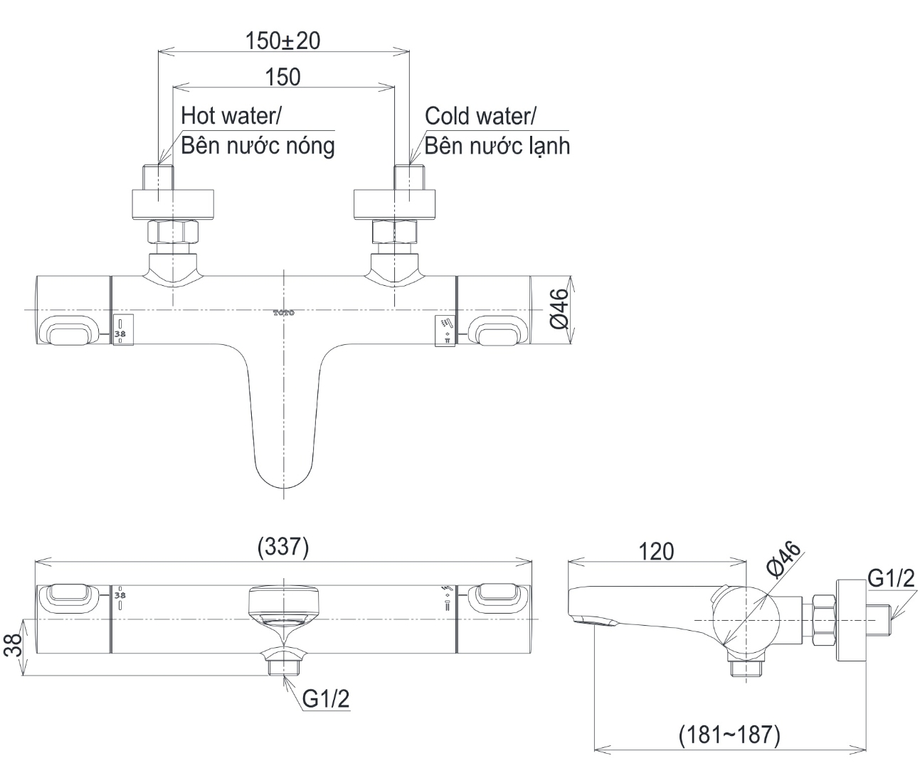 Bản vẽ kích thước củ sen Toto TBV09400V
