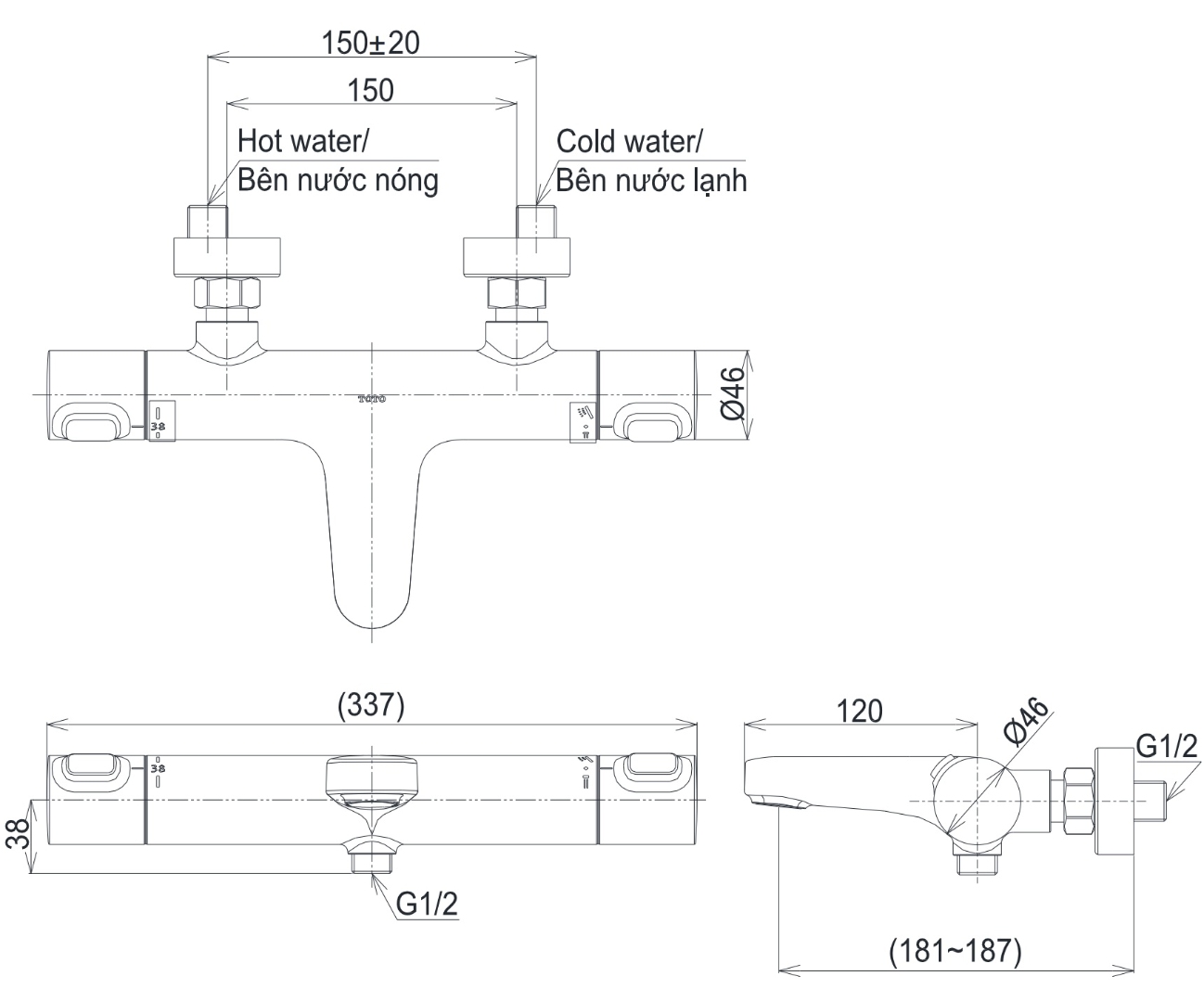 Bản vẽ kích thước củ sen Toto TBV09400V