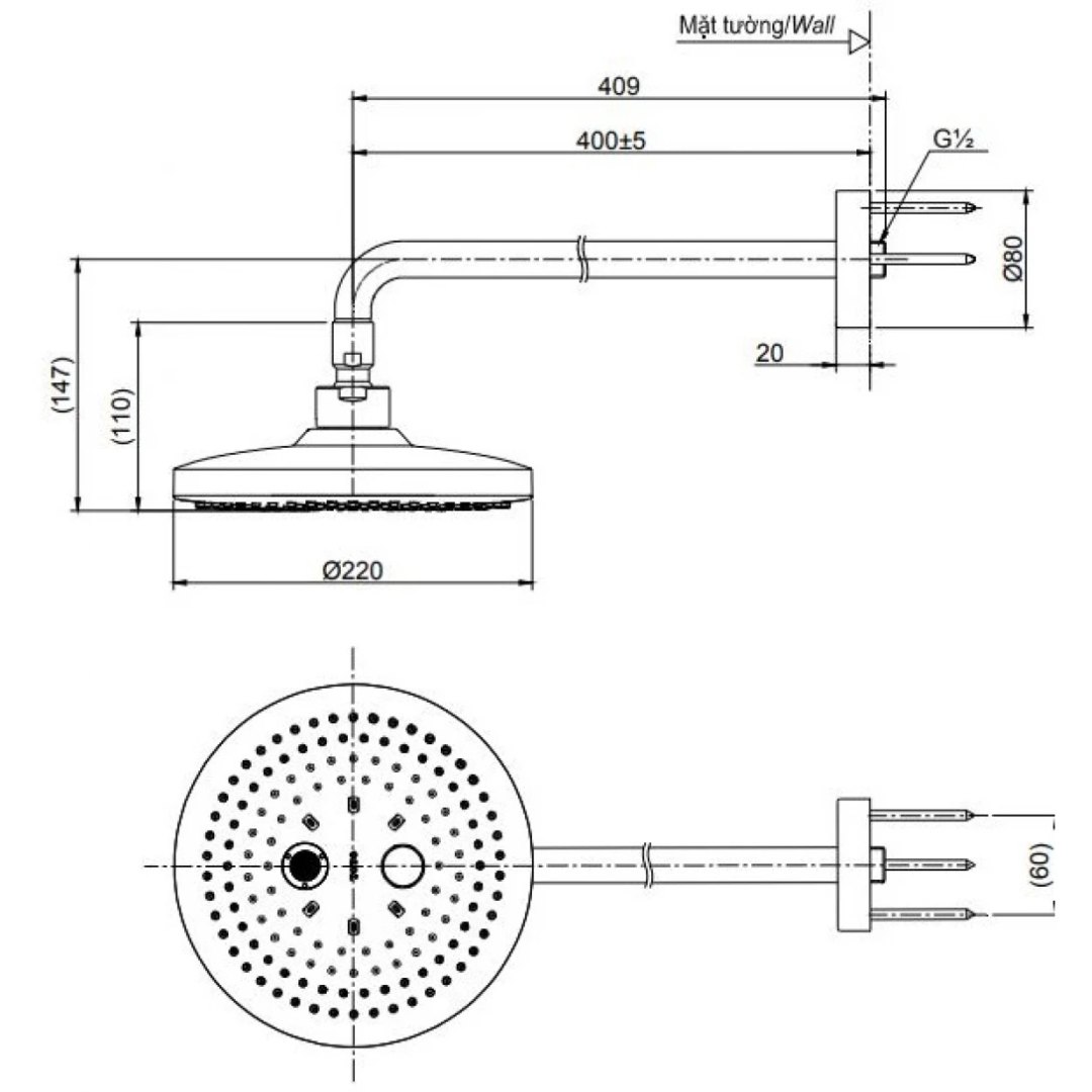 Bản vẽ bát sen tắm TBW01004A-BFG TOTO gắn tường