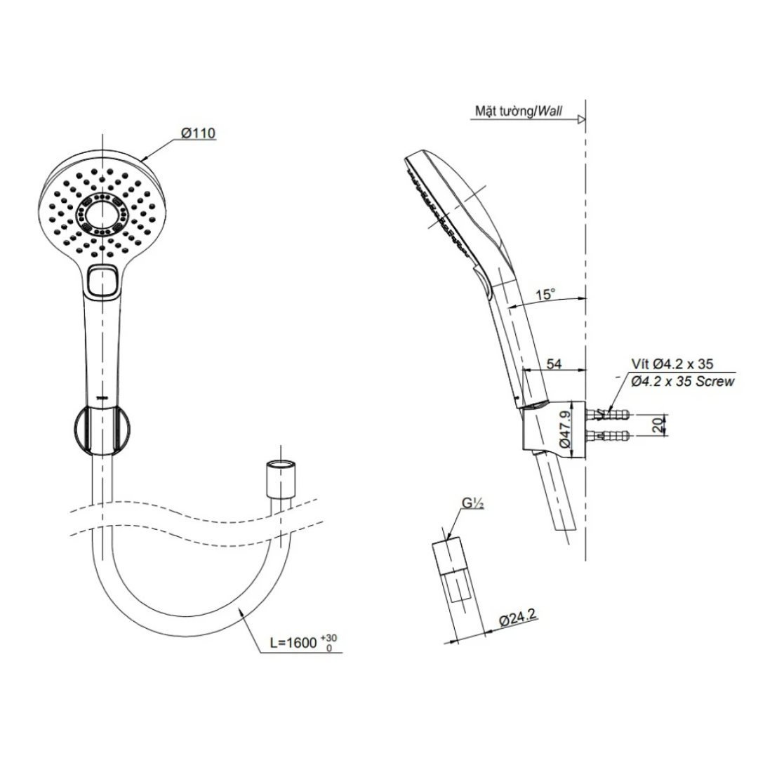 Bản vẽ tay sen tắm TBW01010A-BFG TOTO màu vàng pháp mờ