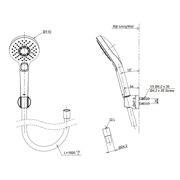 Bản vẽ tay sen tắm TBW01010A-MBL TOTO màu đen