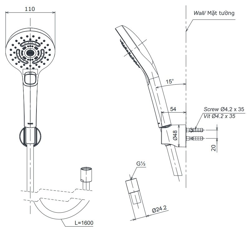 Bản vẽ kích thước tay sen tắm TOTO TBW01035V