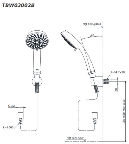 Bản vẽ kích thước bộ tay sen Toto TBW03002B