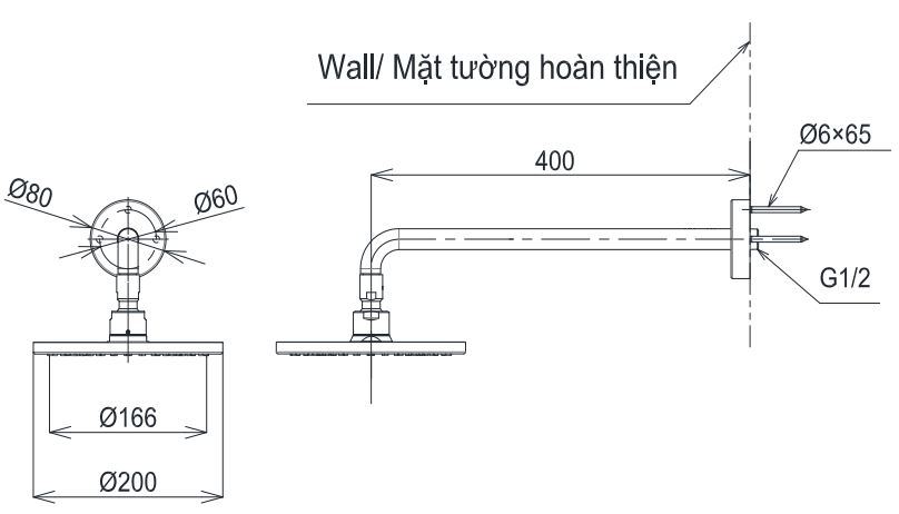 Bản vẽ bát sen tắm TBW 07001A TOTO gắn tường 200 mm