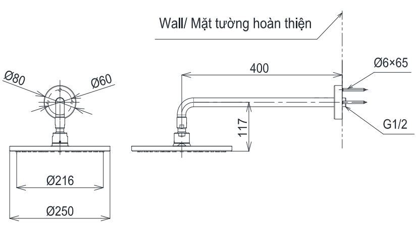 Bản vẽ bát sen tắm TBW 07002A TOTO gắn tường 250 mm
