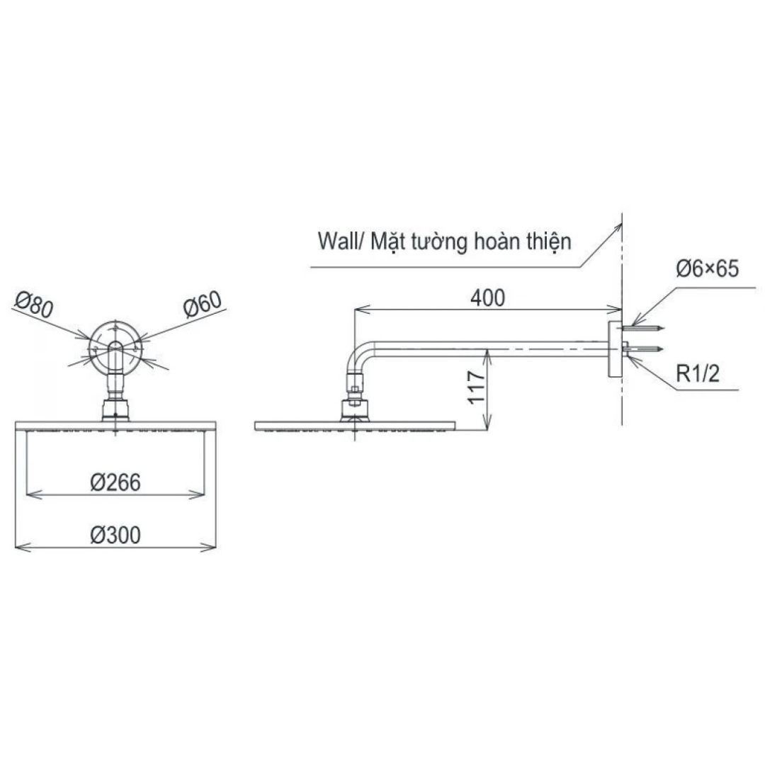 Bản vẽ bát sen tắm TBW 07003A BFG TOTO gắn tường 300 mm