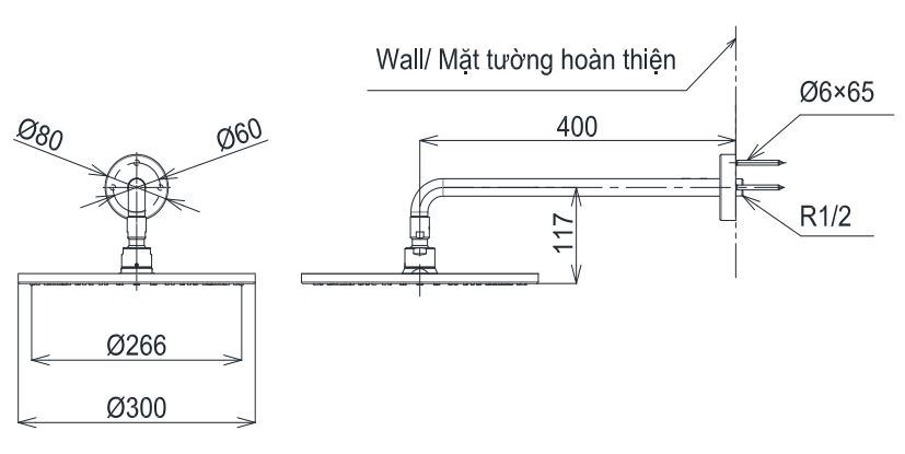 Bản vẽ bát sen tắm TBW 07003A TOTO gắn tường 300 mm