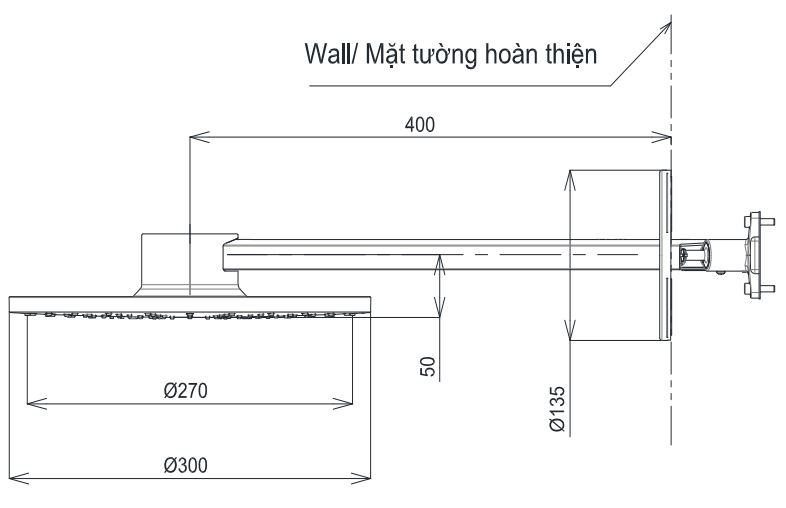 Bản vẽ kích thước bát sen tắm TBW07004A TOTO gắn tường