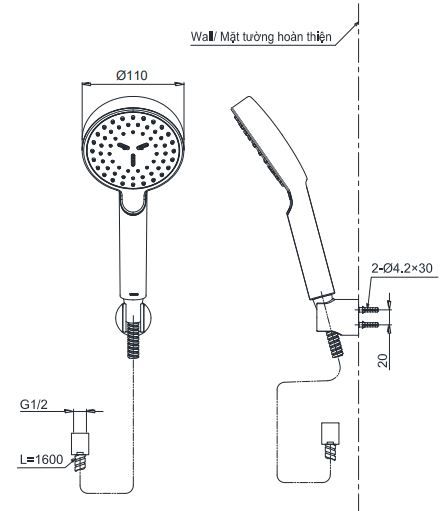 Bản vẽ kích thước bộ tay sen Toto TBW0700A