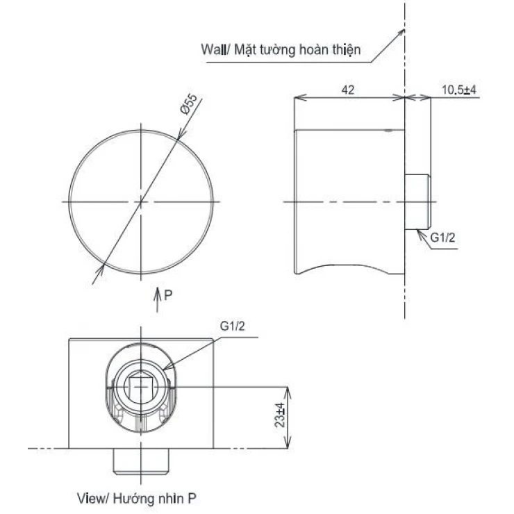 Bản vẽ kích thước cút nối tường TBW07021A#MBL TOTO