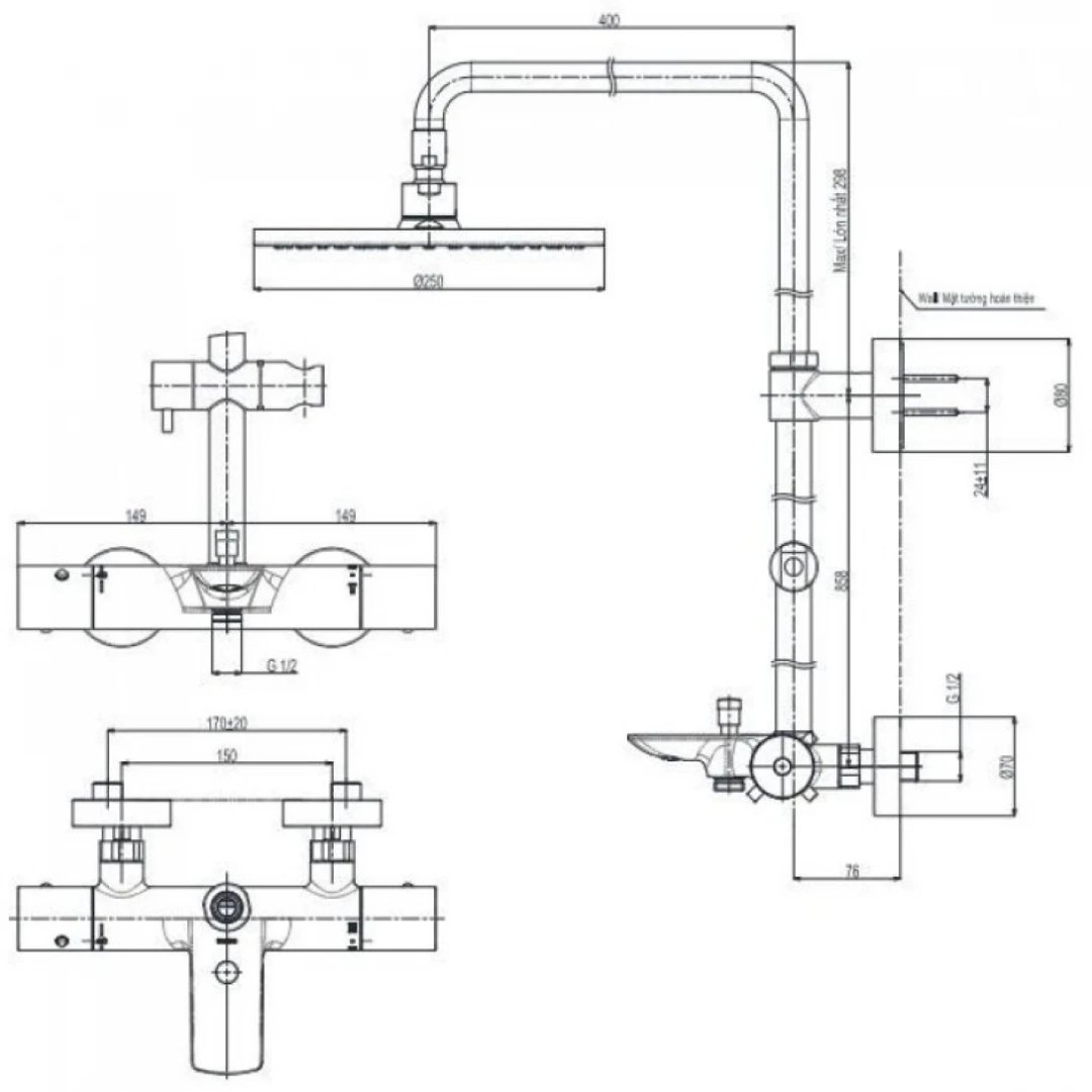 Bản vẽ kích thước sen cây liền khối TOTO TBW 07403A BRG 250mm