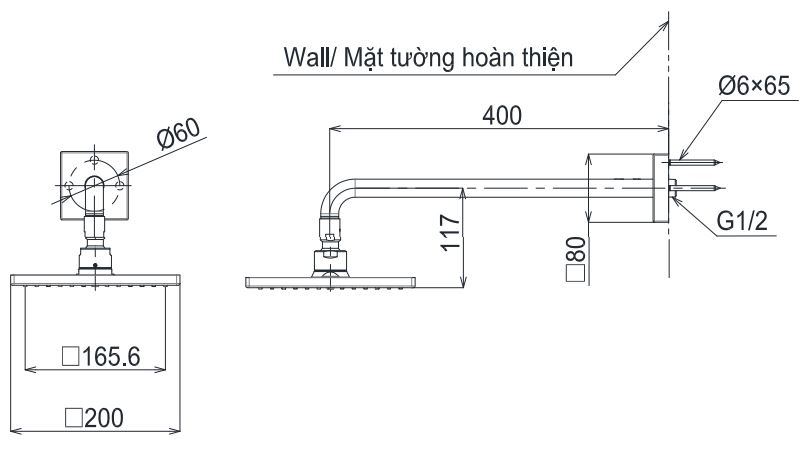 Bản vẽ bát sen tắm TBW 08001A TOTO gắn tường 200 mm