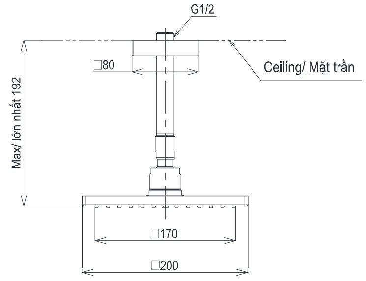 Bản vẽ bát sen tắm TBW 08001A1 TOTO gắn trần 200 mm