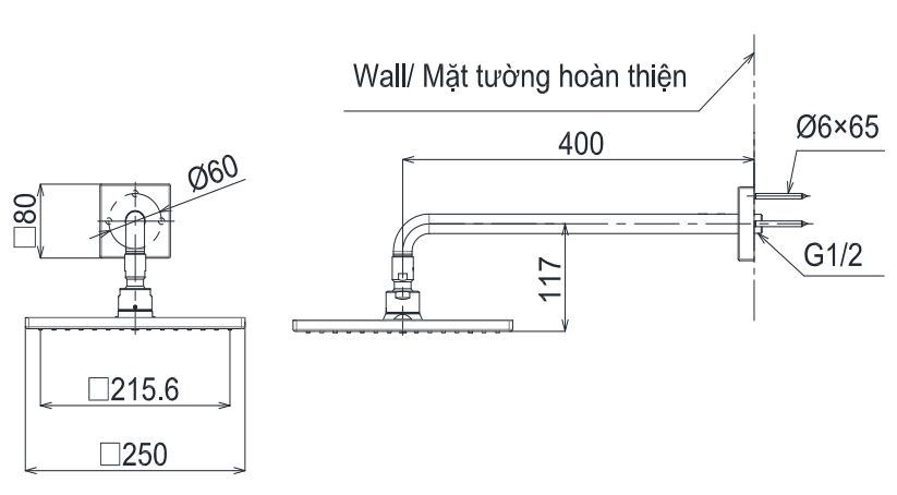 Bản vẽ bát sen tắm TBW 08002A TOTO gắn tường 250 mm
