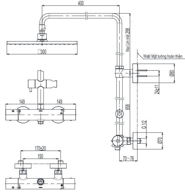 Thông số kỹ thuật sen cây liền khối TOTO TBW08406A 300mm