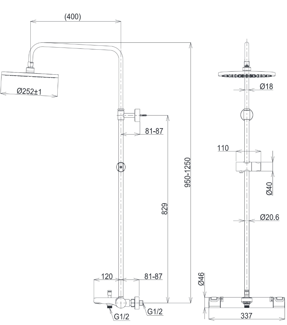 Bản vẽ kích thước sen tắm cây Toto TBW11440V liền khối