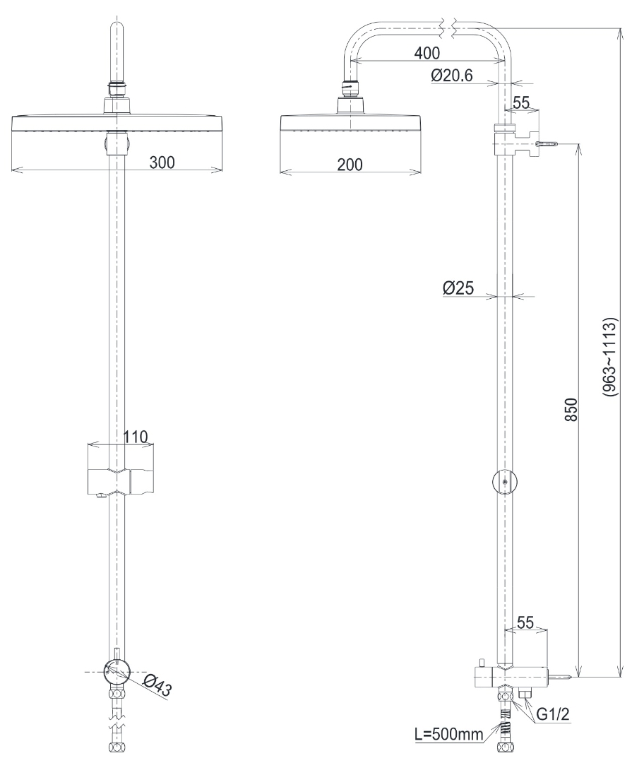 Bản vẽ kích thước thân sen cây rời Toto TBW13040V