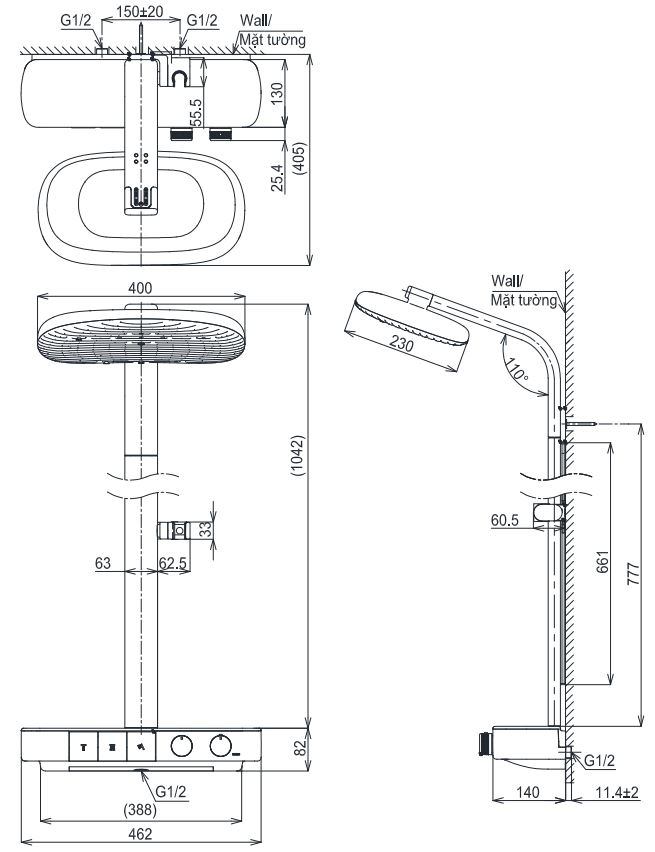 Bản vẽ kích thước sen cây dòng G TOTO TBW14UC0A nhiệt độ