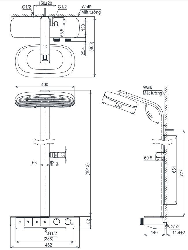 Bản vẽ kích thước sen cây dòng G TBW14UD0A nhiệt độ TOTO