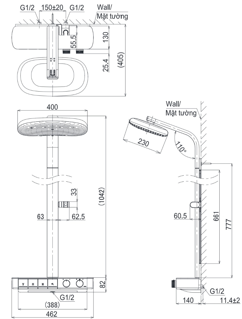 Bản vẽ kích thước sen cây tự động TOTO TBW14WC0A
