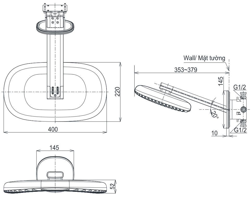 Bản vẽ kích thước bát sen TBW15CB0A+TBN01002B gắn tường TOTO