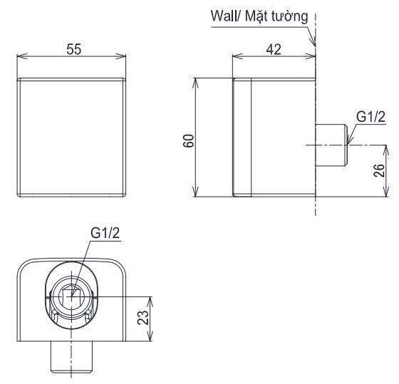 Bản vẽ kích thước cút nối tường TBW160N0A TOTO