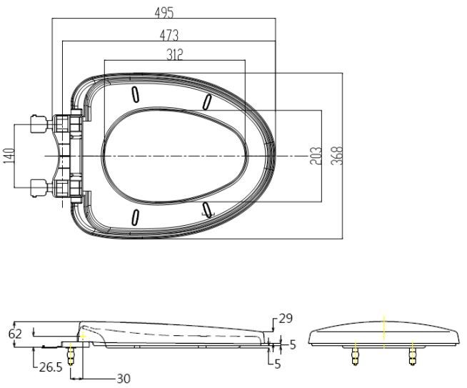 Bản vẽ kích thước nắp nhựa bồn cầu Toto TC385VS