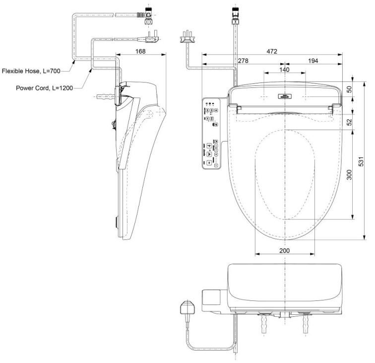 Bản vẽ kích thước nắp Washlet TOTO TC23661 GAA S1
