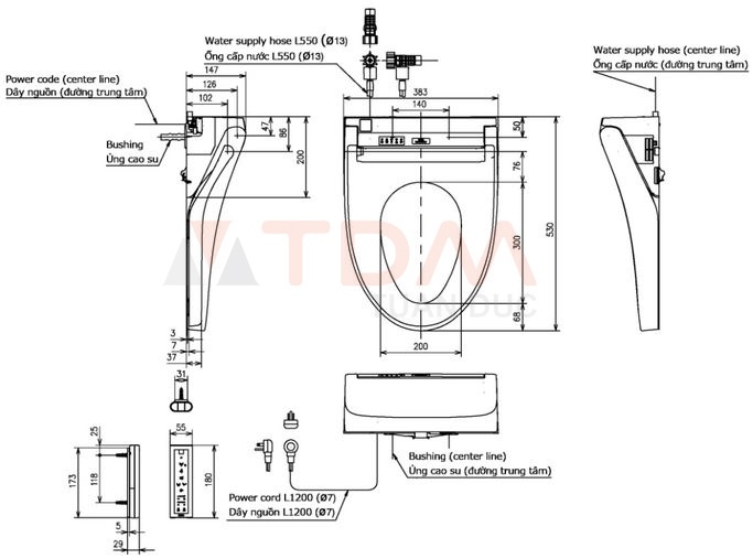 Bản vẽ kích thước nắp rửa Washlet TOTO TCF24410AAA