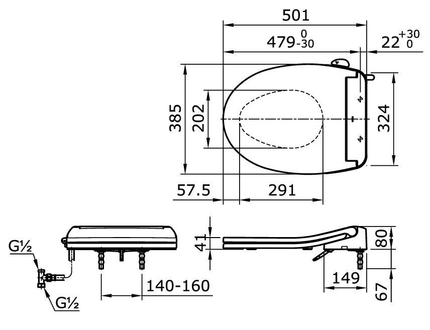 Bản vẽ kích thước nắp rửa TCW11S Ecowasher TOTO