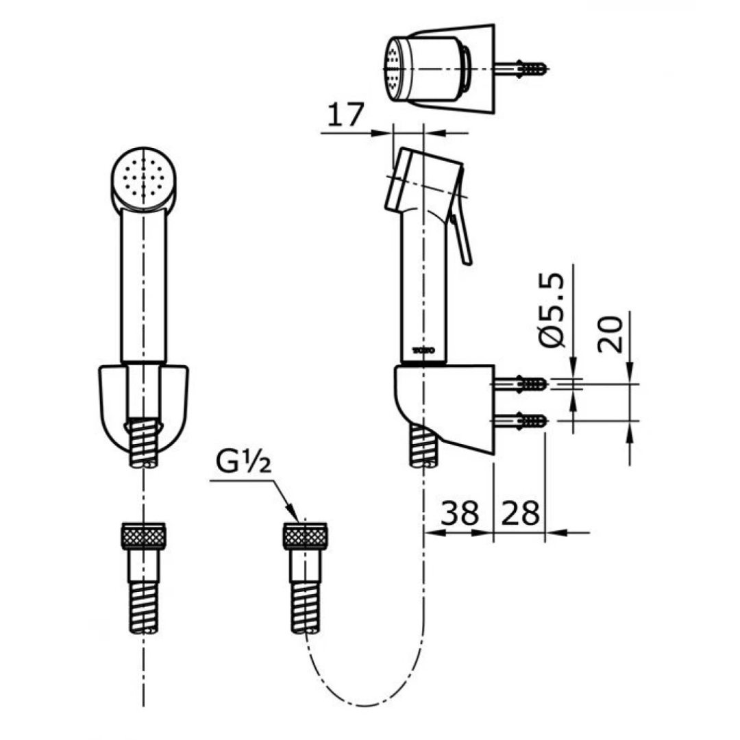 Bản vẽ kích thước dây vòi xịt TOTO THX20SEV1-MB