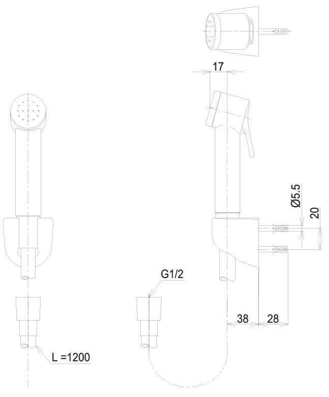 Bản vẽ kỹ thuật dây vòi xịt TOTO THX20 SEV1CR dây xoắn