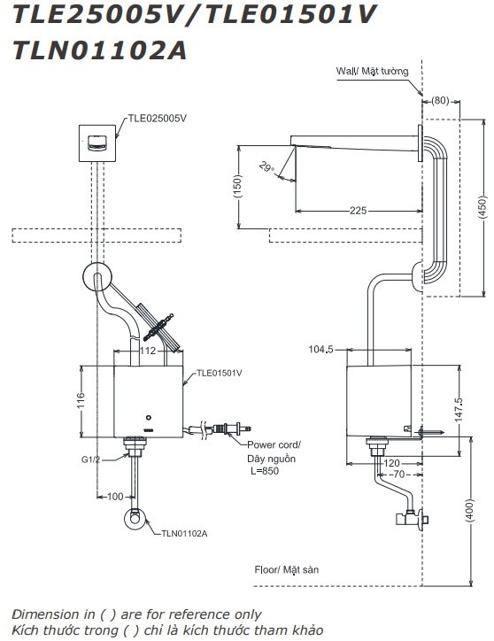 Bản vẽ vòi lavabo TLE 25005V TOTO gắn tường