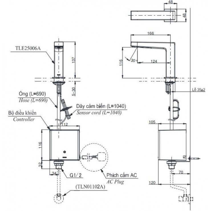 Bản vẽ kích thước vòi TOTO TLE25006A-TLE04502A1-TLN01102A