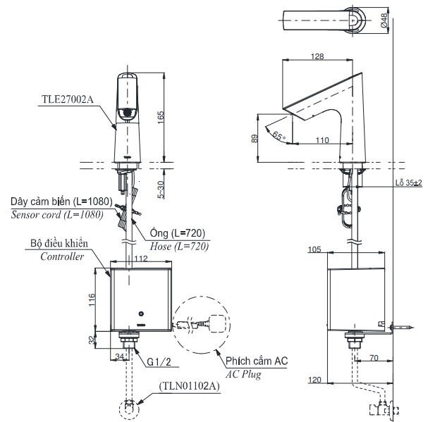 Bản vẽ kích thước vòi TOTO TLE27002A-TLE04502A1-TLN01102A