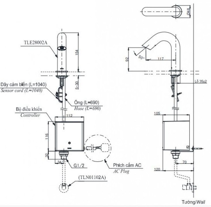 Bản vẽ kích thước vòi TOTO TLE28002A-TLE04502A1-TLN01102A
